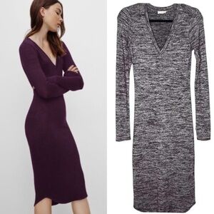 Wilfred Free Lisiere Marled Brown Bodycon  Long Sleeve Midi Dress Size Small